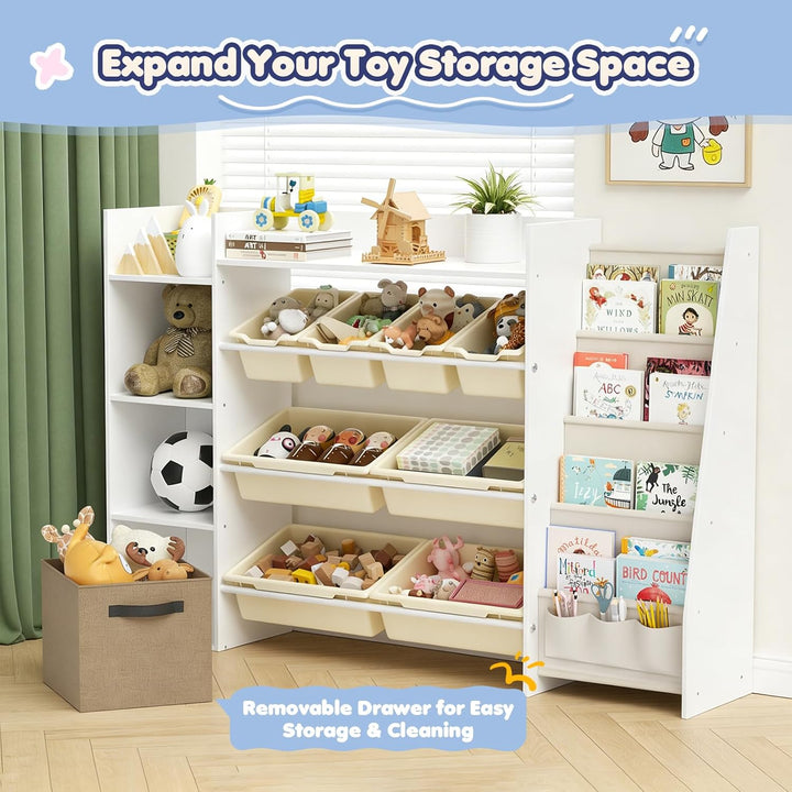 Kinderregal mit Boxen, Spielzeugregal Kinderzimmer mit 4 Ablagen, Fächern und 8 Behältern, Bücherreg