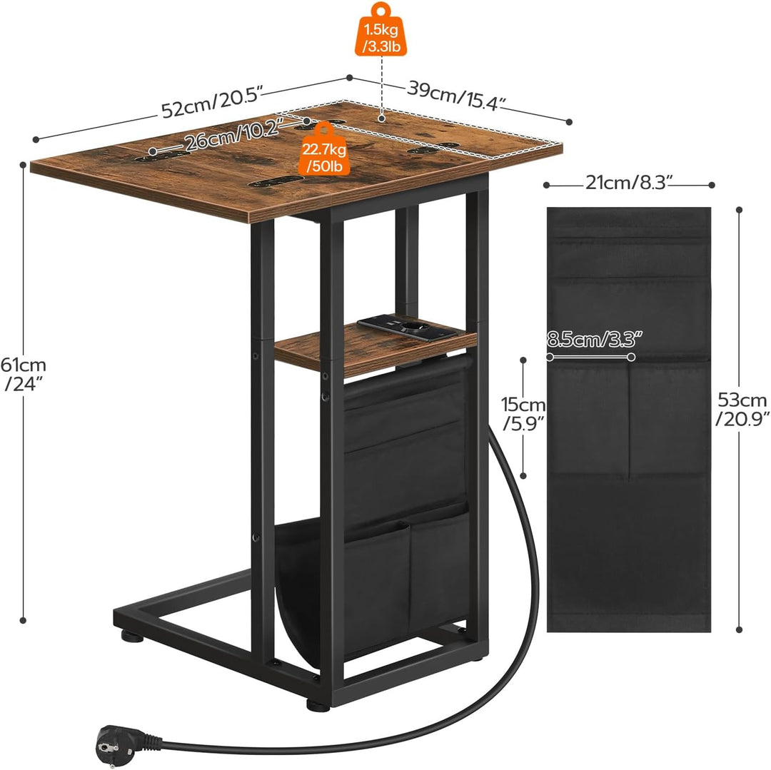 HOOBRO Beistelltisch mit Ladestation, C-Form Couchtisch mit Aufbewahrungstasche, klappbarer Sofatisc