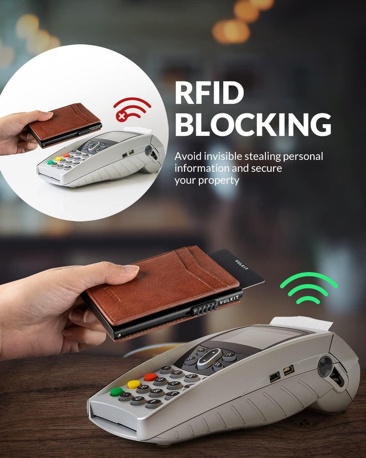 VULKIT Kreditkartenetui Leder Kartenetui RFID Blocking Automatische Pop Up Visitenkartenetui für Kar