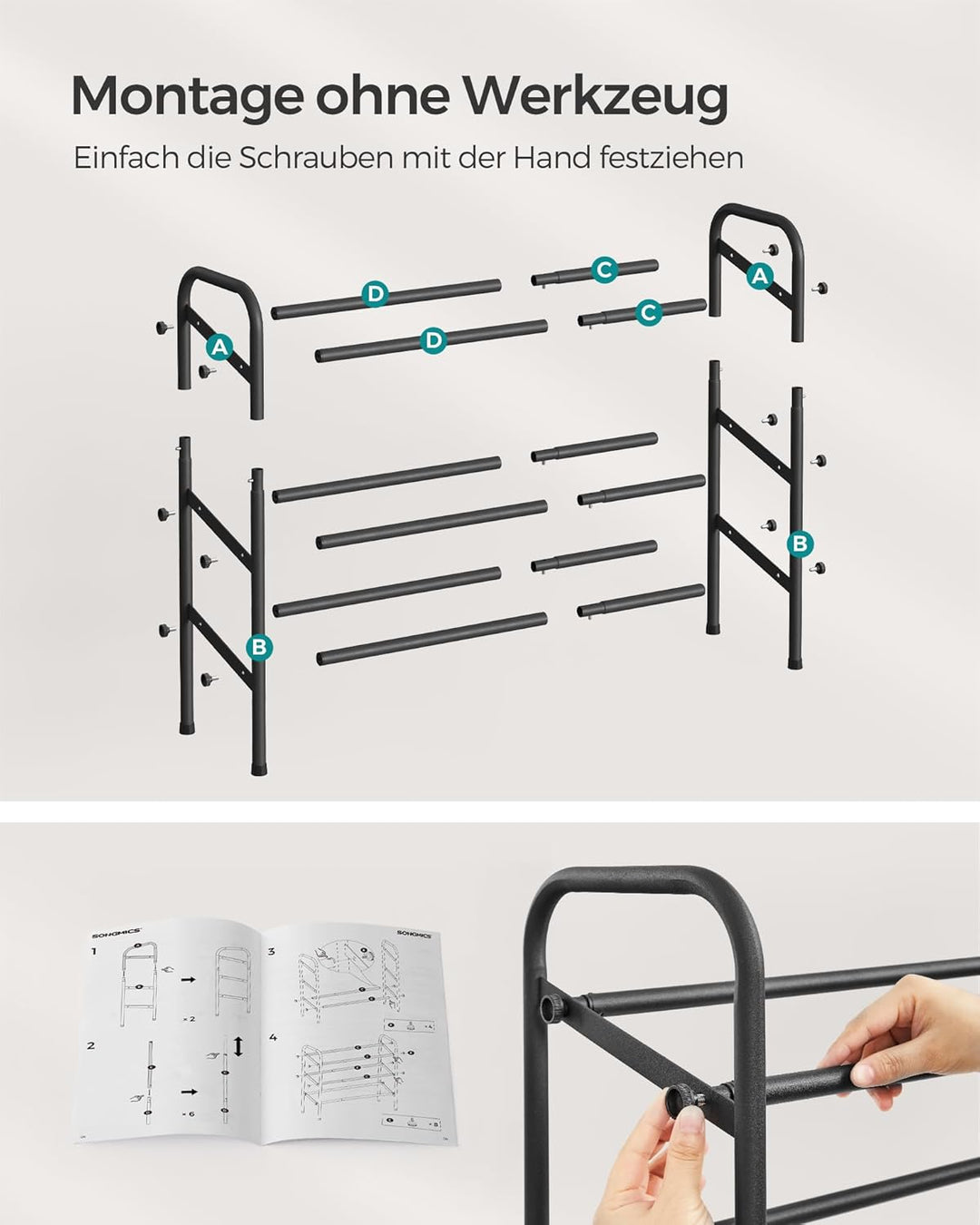 SONGMICS Schuhregal, Schuhständer, 3 Ebenen, Metallregal, verstellbar, Schuhe,Standregal, für Flur,
