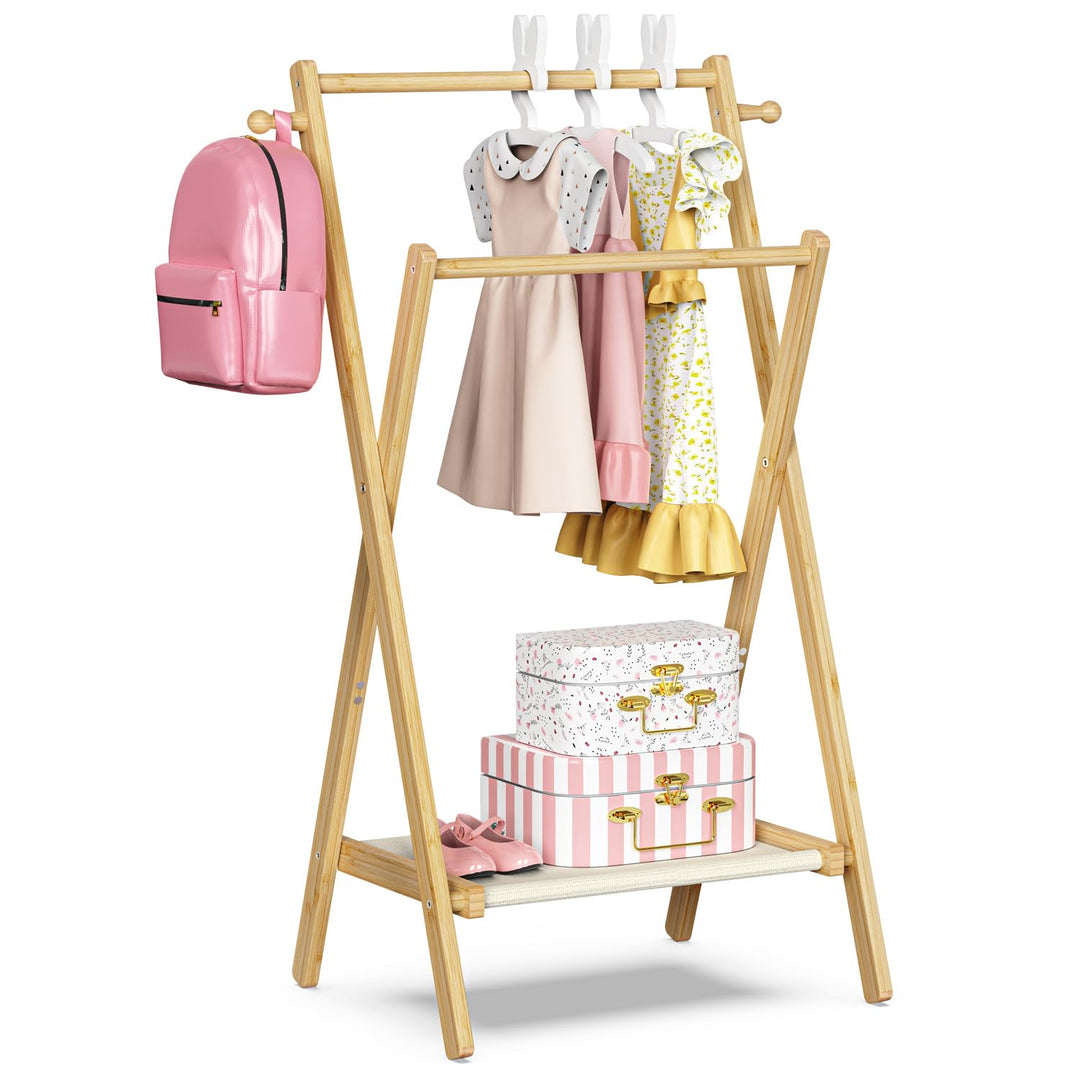 BAMBOOHOMIE Kinderkleiderständer, Kostümständer für Kinder, mit Regal und Doppelstangen, zusammenkla