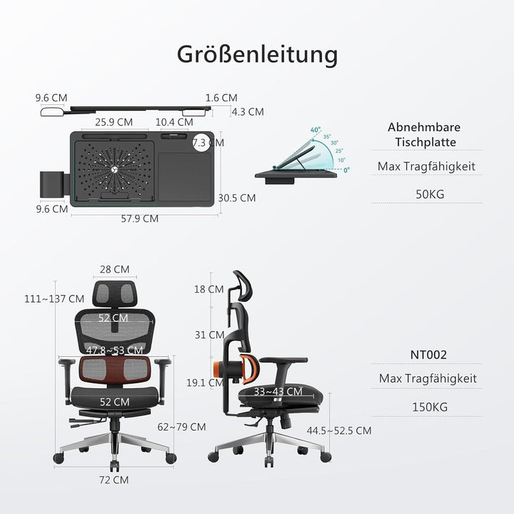 Newtral NT002 Bürostuhl Ergonomisch mit Fussstütze, Ergonomischer Schreibtischstuhl 150kg, Ergonomic