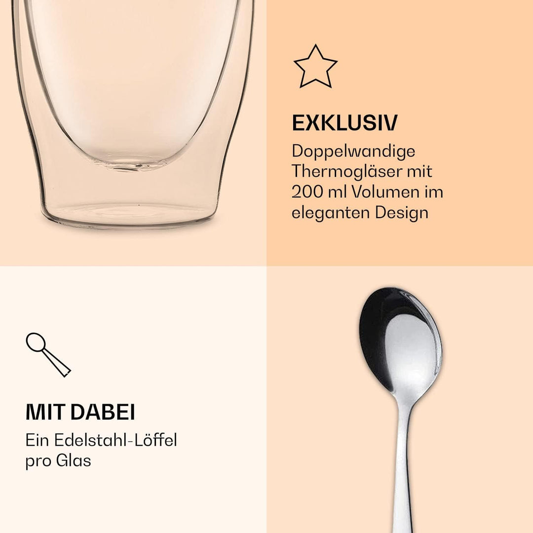 DUOS® Latte Macchiato Gläser Doppelwandig 6x 200ml + 6x Löffel, Doppelwandige Gläser, Cappuccino Tas