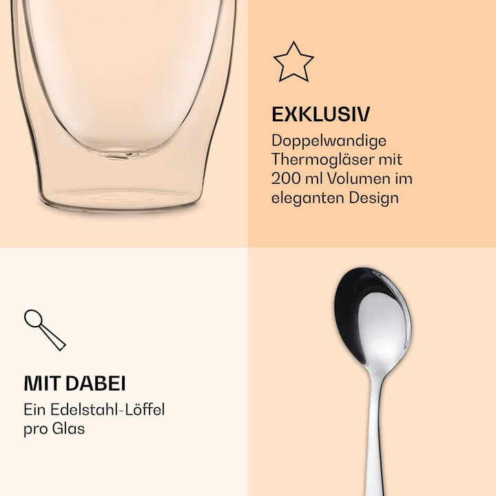DUOS® Latte Macchiato Gläser Doppelwandig 6x 200ml + 6x Löffel, Doppelwandige Gläser, Cappuccino Tas