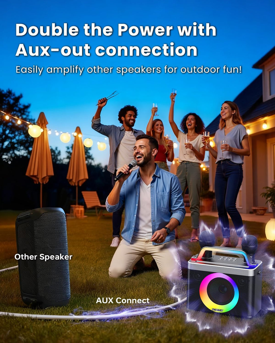 Tragbare Bluetooth-Karaoke-Maschine für Erwachsene und Kinder – 2 Kabellose Mikrofone, Schultergurt,