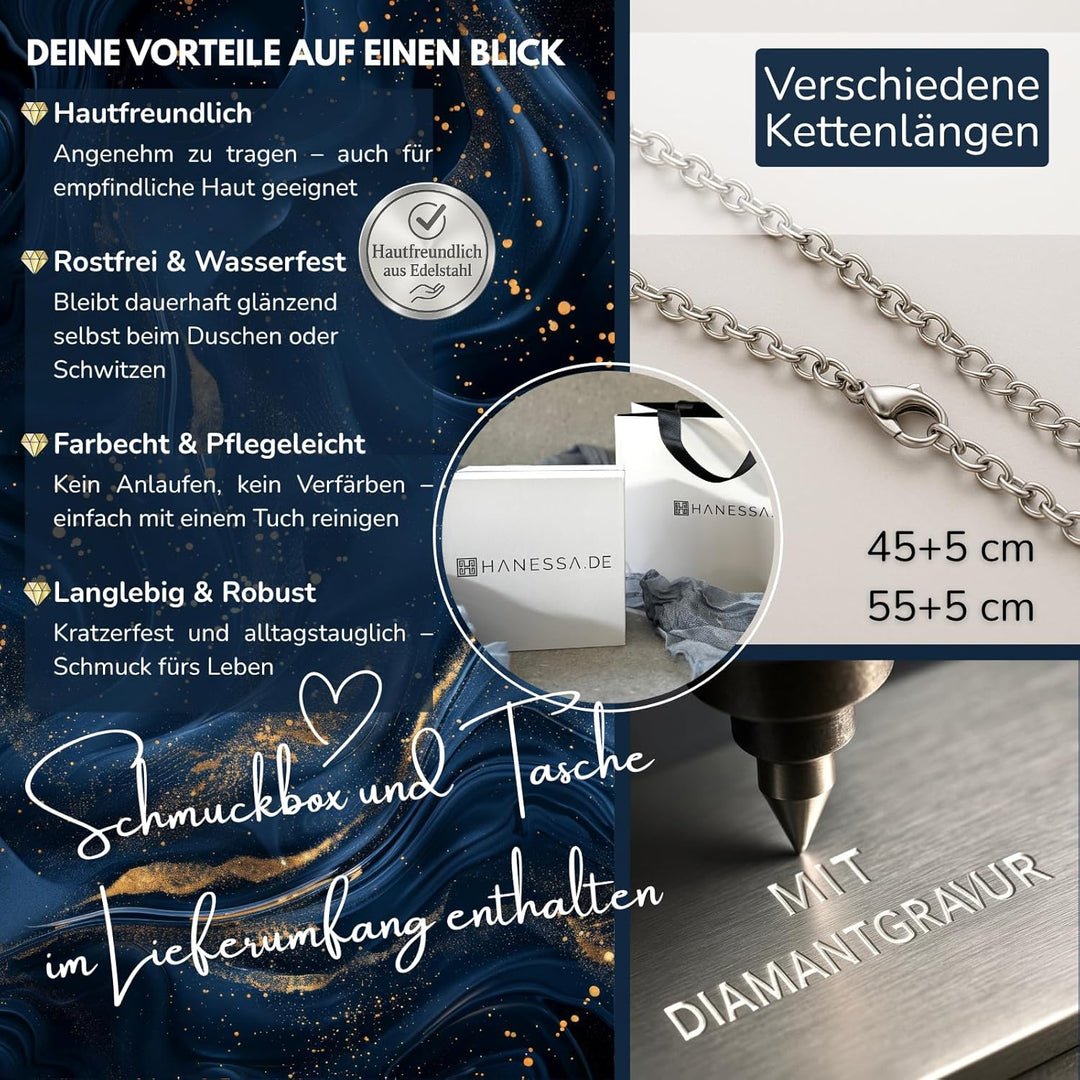 Hanessa 2 Stück Personalisierte Kette mit Gravur Edelstahl 50 cm mit Herz-hälften Anhänger in schwar