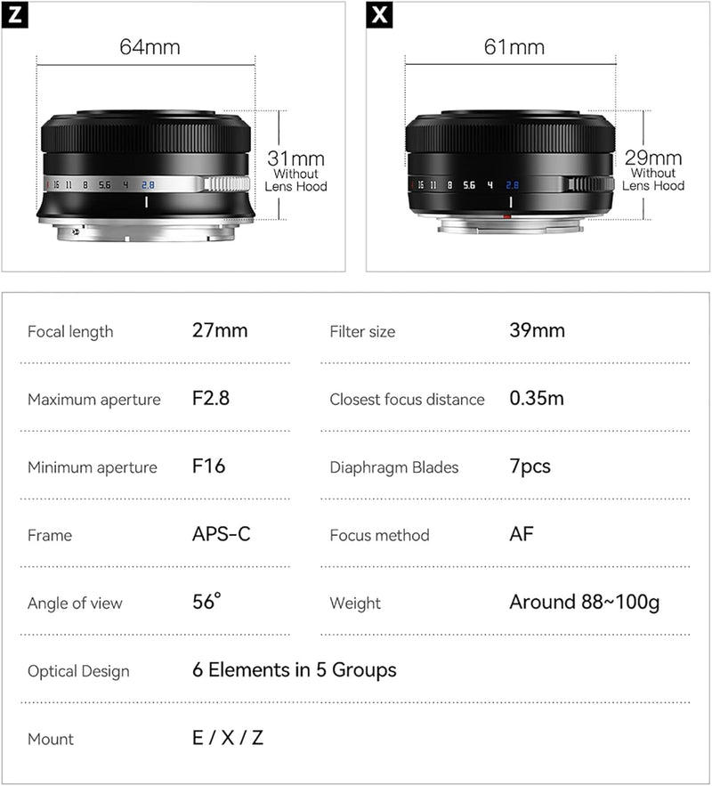 TTARTISAN 27mm F2.8 Autofokus APS-C Kameraobjektiv, Metall, geringes Gewicht, tragbare Kameraobjekti