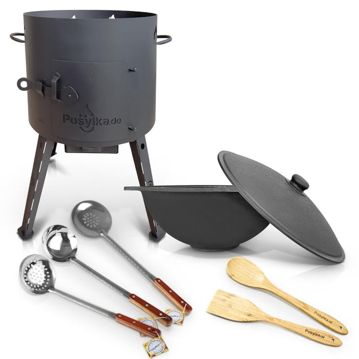 Utschak Feuerofen mit Gusseisen Topf flacher Boden mit Deckel 12 L Ø 40 cm Kazan Schaumlöffel für Pl
