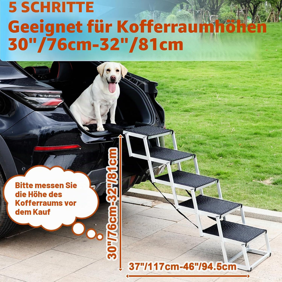 Uross Hundetreppe für Auto - 5 Stufen Zusammenklappbare Rampe für Auto und SUV, Aluminium-Treppe für
