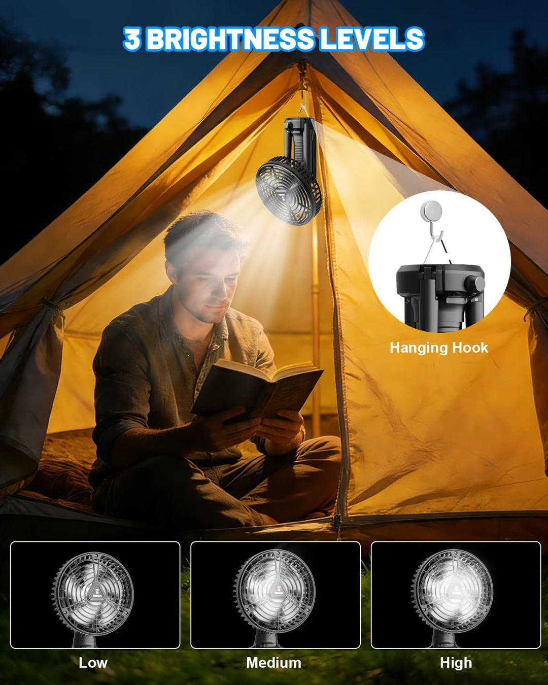 Camping Ventilator Akku, Ventilator Leise USB Aufladbar, Stufenlose Drehzahlregelung, Tischventilato