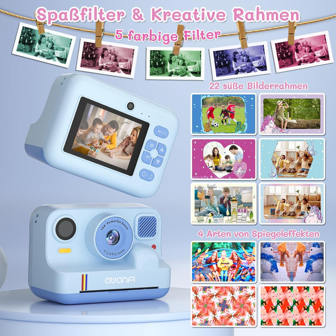 Kinderkamera Sofortbildkamera, 2,4 Zoll 1080P Sofortbildkamera Kinder mit 32GB Karte & 3 Rollen Druc