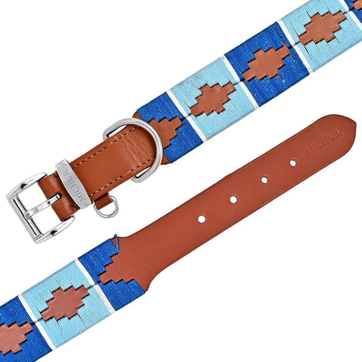 MICHUR Pippa Braun Blau Türkis Baumwollgarn Hundehalsband Leder, Lederhalsband Hund, Halsband, Leder