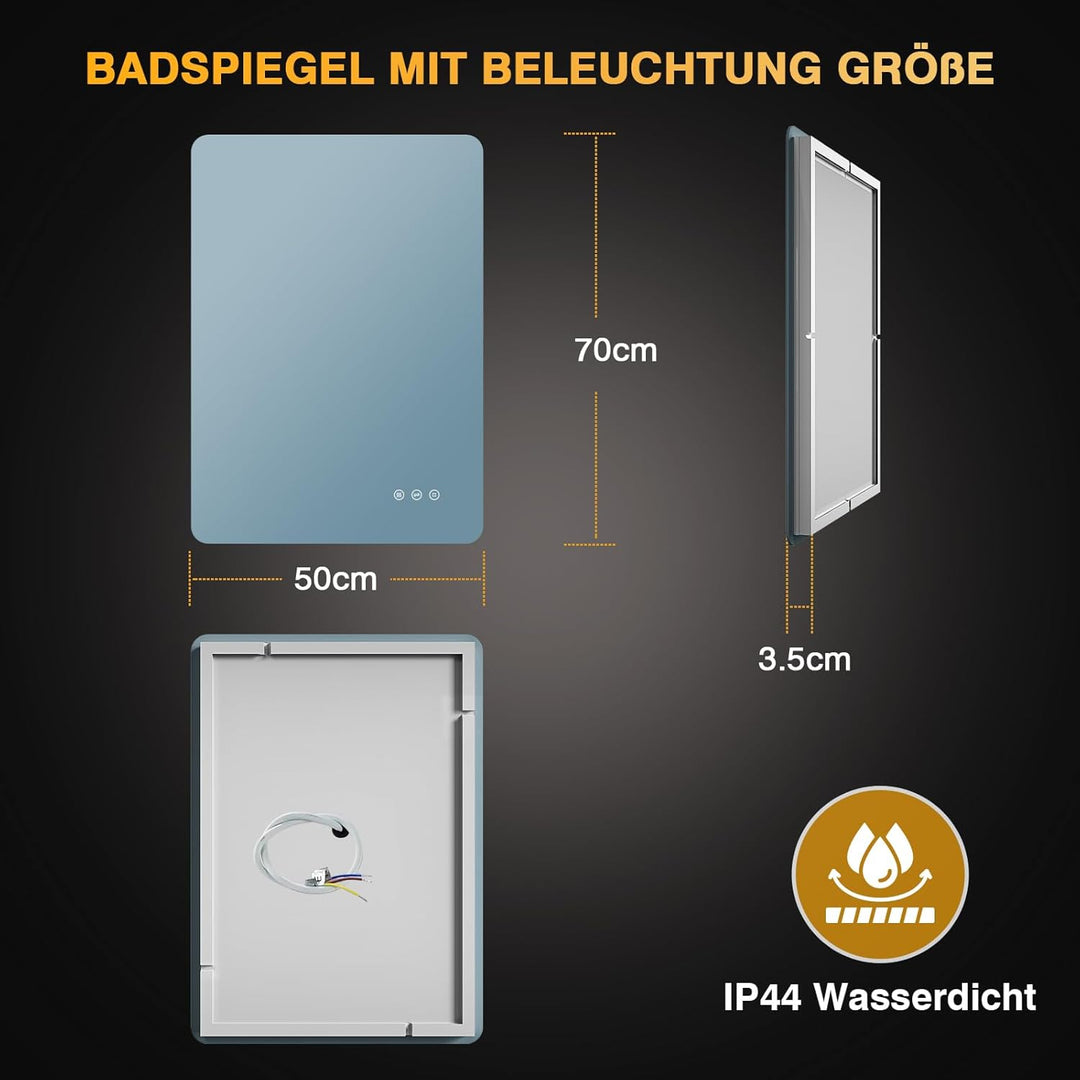 Badezimmerspiegel mit Beleuchtung 50 x 70cm, LED Spiegel Bad mit Antibeschlag, 3 Lichtfarben, Dimmba