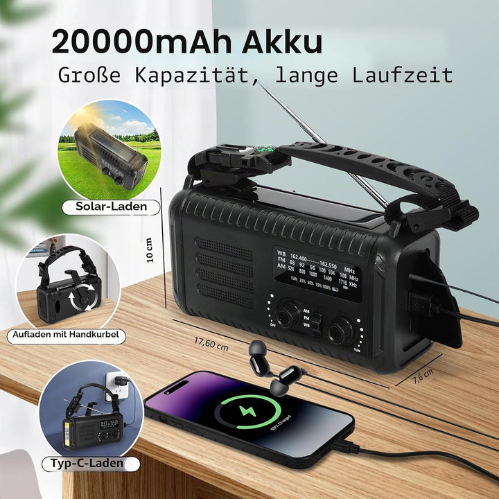 Notfallradio, Crank Wetterradio, 20000mAh Solarradio, Hand Kurbelradio mit AM/FM/NOAA, tragbares Rad