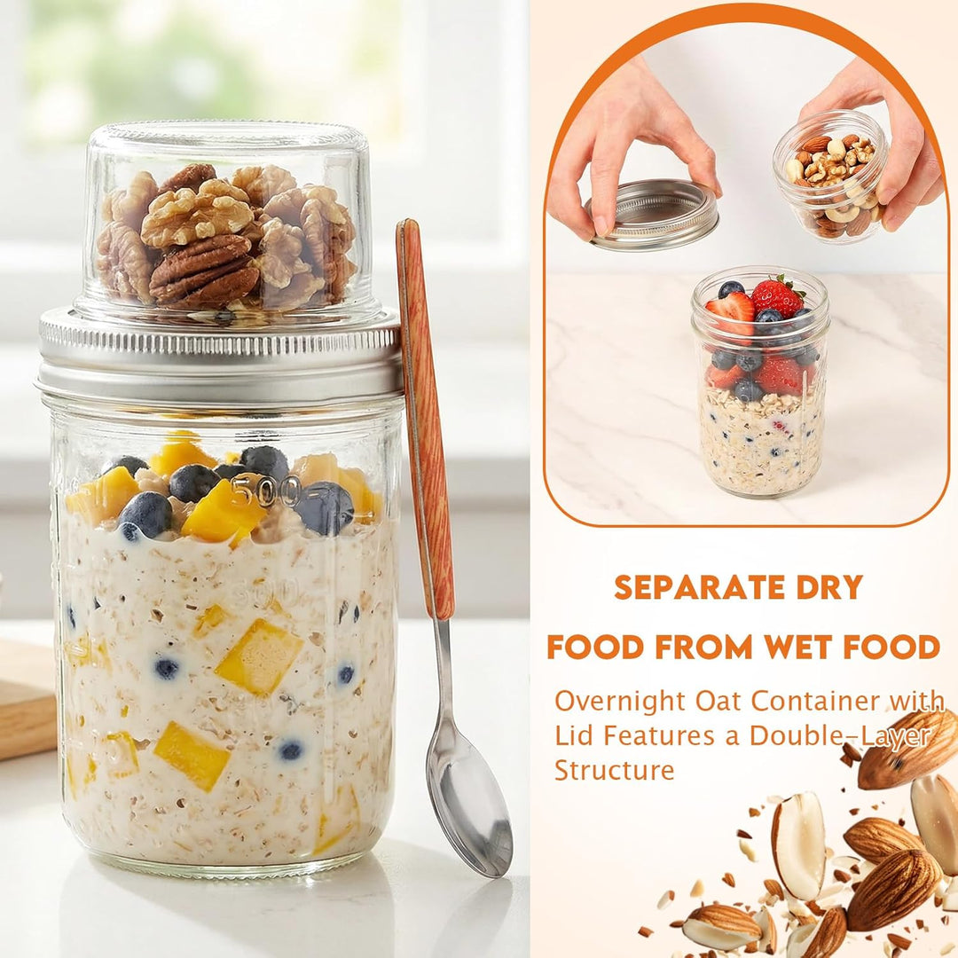 4 Stück Müslibecher To Go,500 ml + 90 ml,Doppelschicht Design,Trocken/Flüssig Trennung,Overnight Oat