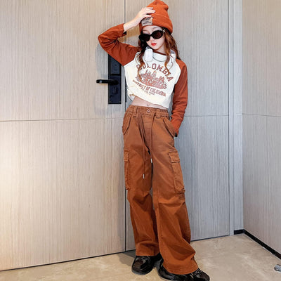Rolanko Mädchen Baggy Cargo Hose, Elastisch Hohe Taille Gerade Weites Bein Streetwear Hose mit Mehre