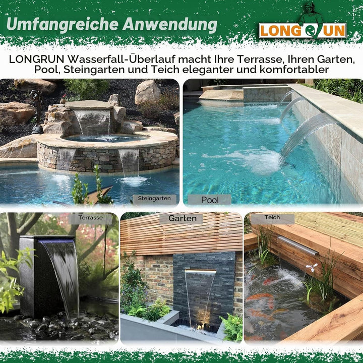 LONGRUN Edelstahl Wasserfall Überlauf, APP Kontrolle Multi-Farben LED-Licht Draussen Pool Brunnen, K