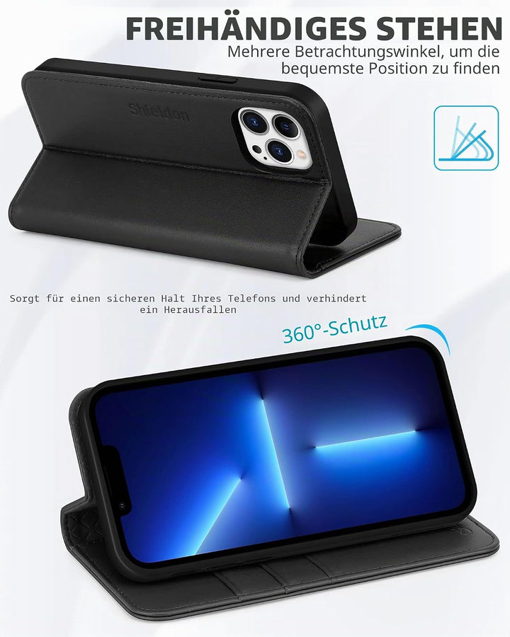 SHIELDON Hülle für iPhone 13 Pro, Handyhülle Schutzhülle [Echtleder] [Kartenfach] [Magnet] [Standfun