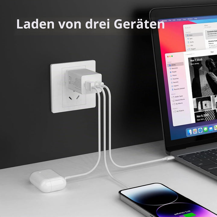 Boaraino 65W USB C Wand-Ladegerät, 3 Port GaN PD USB C/QC 3.0 Schnell-Ladegerät, Tragbarer Reise-Str