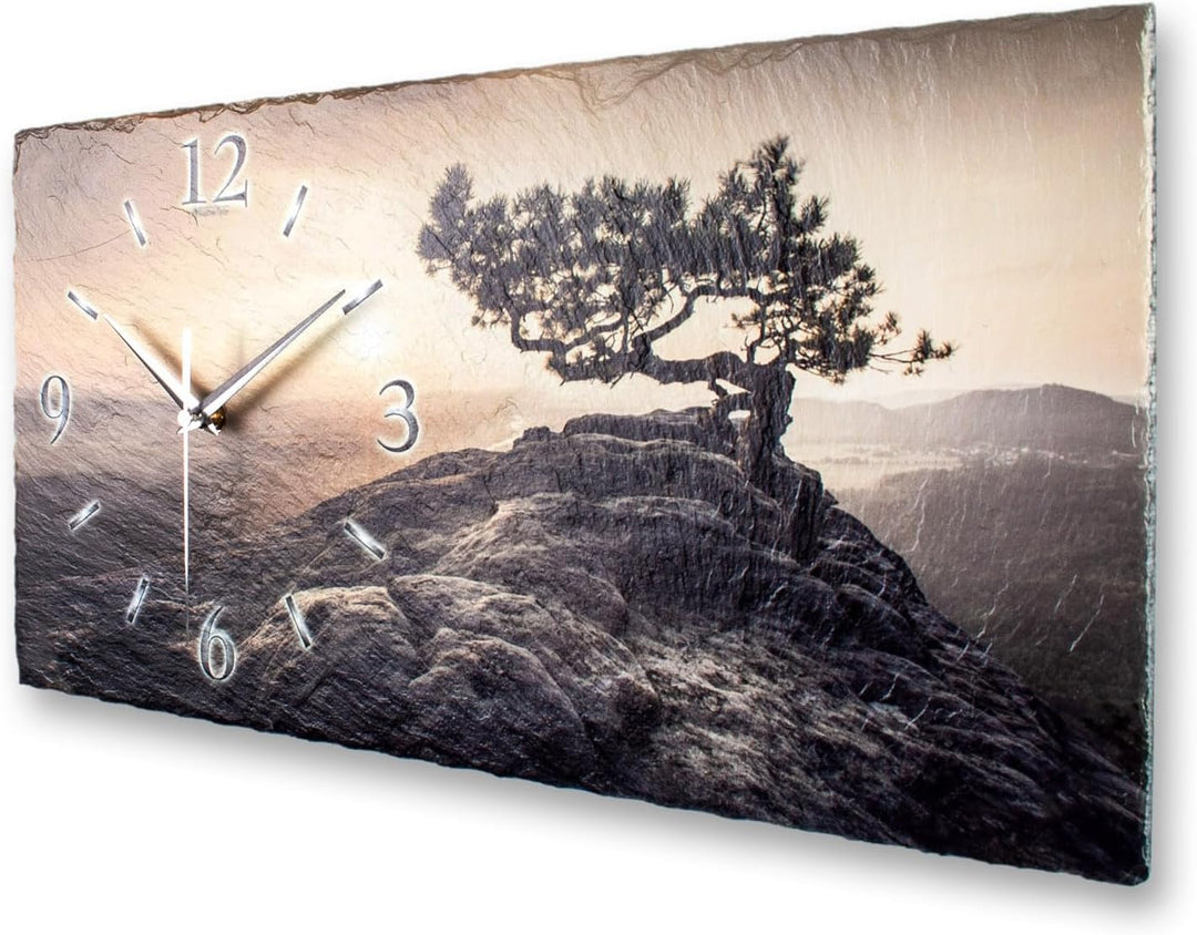 Kreative Feder Designer-WANDUHR Einsamer Baum aus Stein mit Zeigern aus gebürstetem Aluminium - Desi