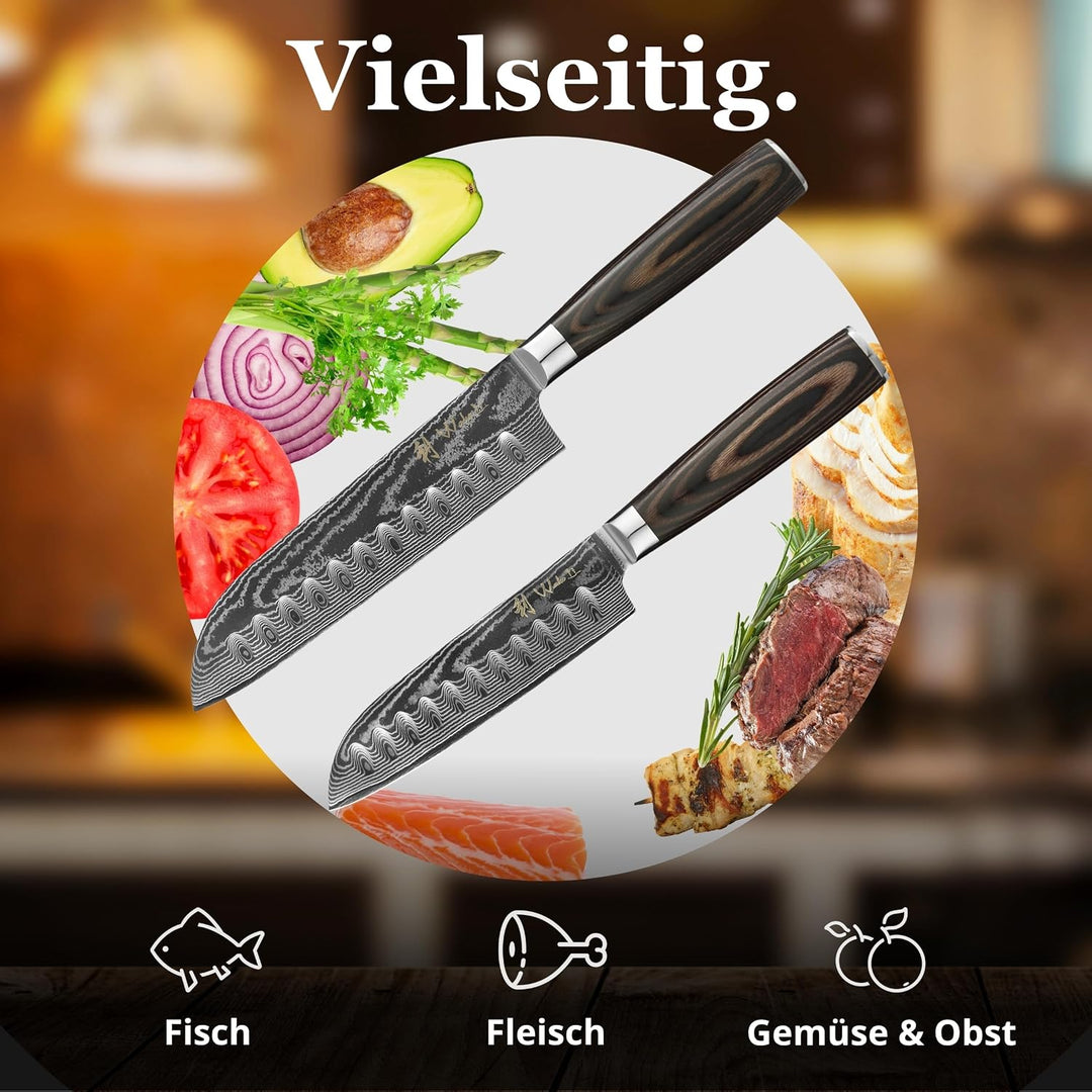 Wakoli EDIB Essentials 2er Damast Küchenmesser Set - 12cm & 18cm Santoku Messer aus 67 Lagen Damasts