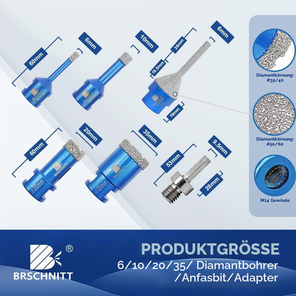 Diamantbohrer Fliesenbohrer Set - 6/10/20/35mm Diamantbohrer &amp;6-25mm Fingerfräser ein Adapter für Po