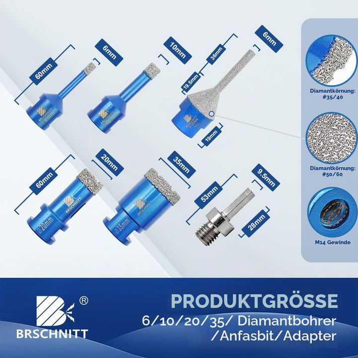 Diamantbohrer Fliesenbohrer Set - 6/10/20/35mm Diamantbohrer &amp;6-25mm Fingerfräser ein Adapter für Po