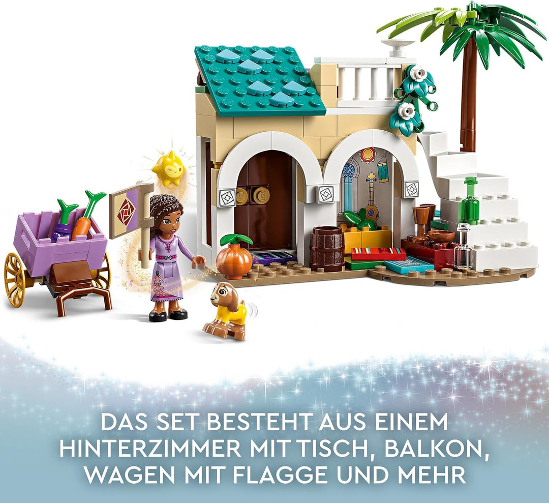 LEGO 43223 Disney Wish Asha in der Stadt Rosas, Wish-Film-Set mit Marktplatz, Asha-Minipuppe, Valent