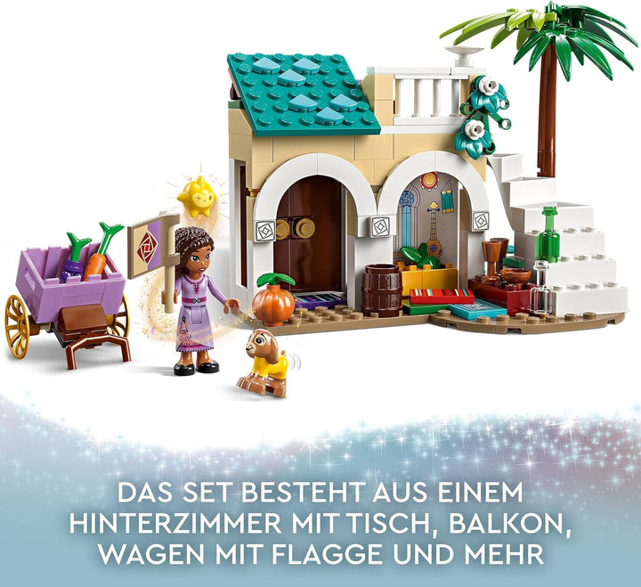 LEGO 43223 Disney Wish Asha in der Stadt Rosas, Wish-Film-Set mit Marktplatz, Asha-Minipuppe, Valent