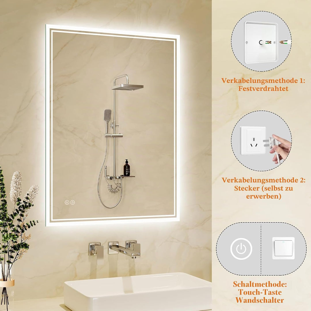 Badspiegel-mit-Beleuchtung 50x70cm: LED Badezimmer-Spiegel Badezimmerspiegel mit Beschlagfrei, Touch