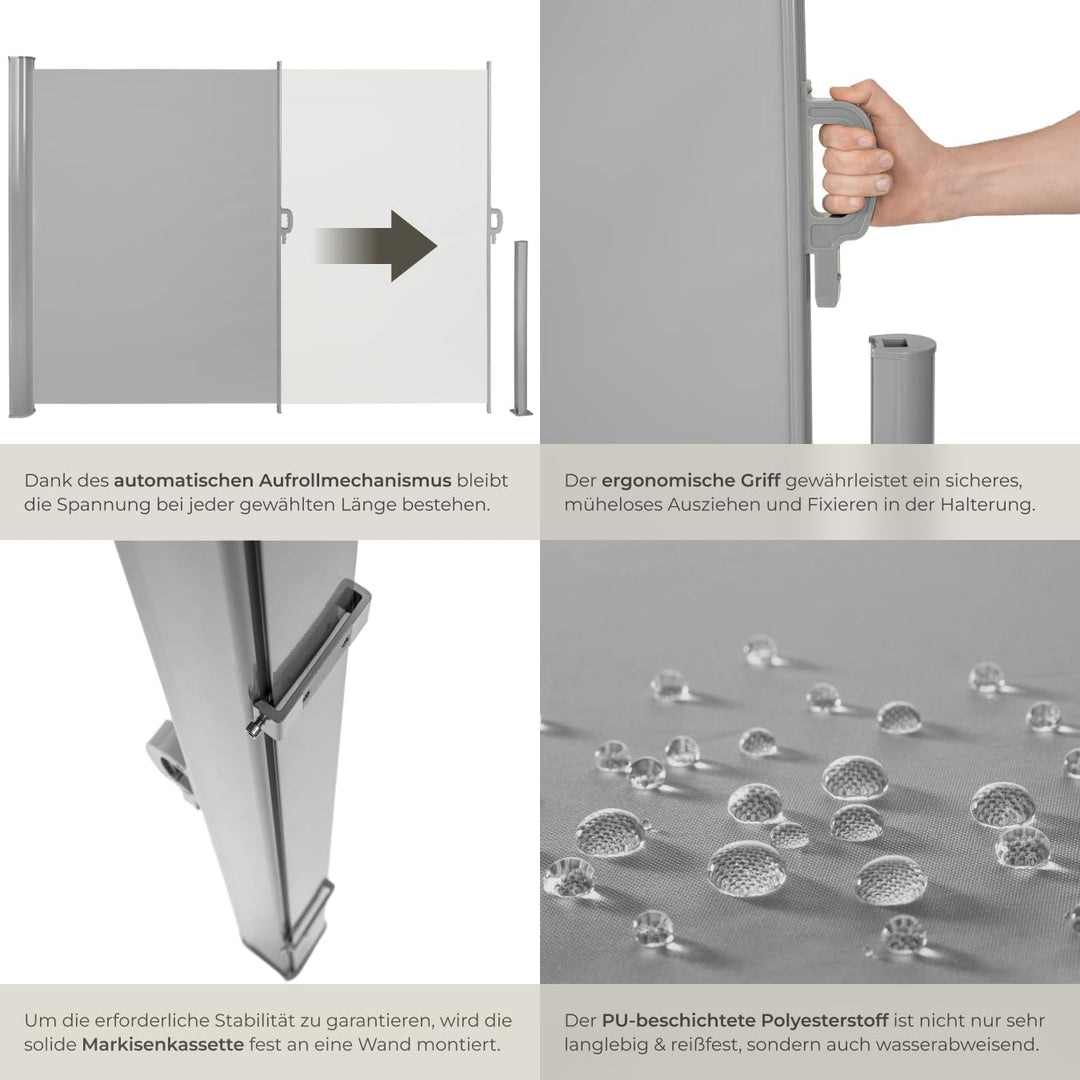 tectake blickdichte Aluminium Seitenmarkise, Wind- und Sichtschutz für Balkon, Garten und Terrasse,