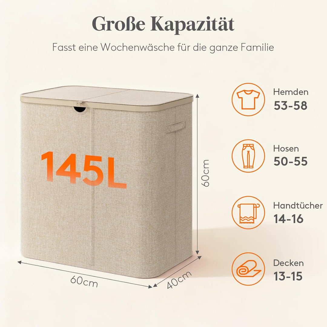 Lifewit Wäschekorb 145L mit Deckel, Grosser Wäschesammler aus Kunststoff, Fächer Wäschebox Laundry B