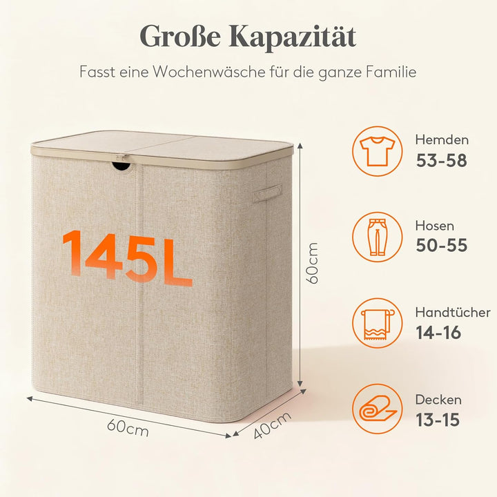 Lifewit Wäschekorb 145L mit Deckel, Grosser Wäschesammler aus Kunststoff, Fächer Wäschebox Laundry B