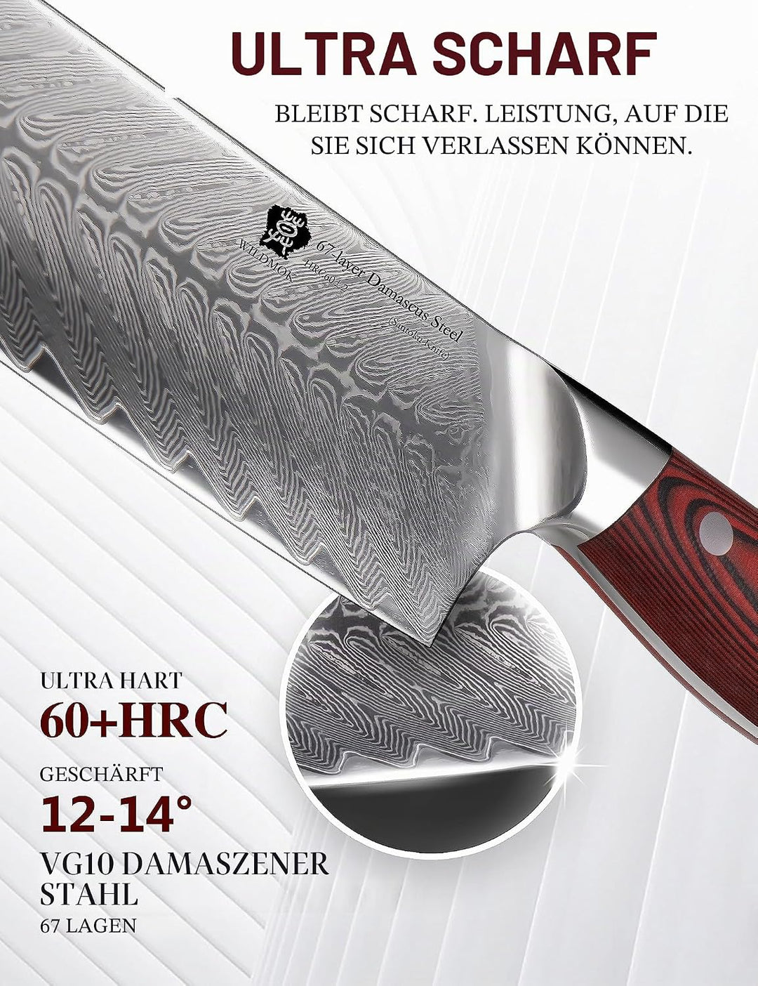 WILDMOK Damast SantokuMesser, 17.8 cm scharfes professionelles Fleisch Gemüsemesser, Japanisches Mul