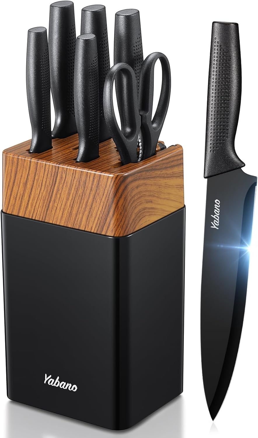 Yabano Messerblock Set, 7 teilig Messerset mit Messerblock und integriertem Messerschärfer,Küchenmes