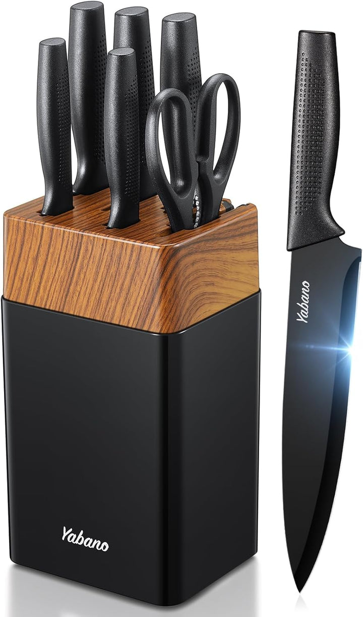 Yabano Messerblock Set, 7 teilig Messerset mit Messerblock und integriertem Messerschärfer,Küchenmes