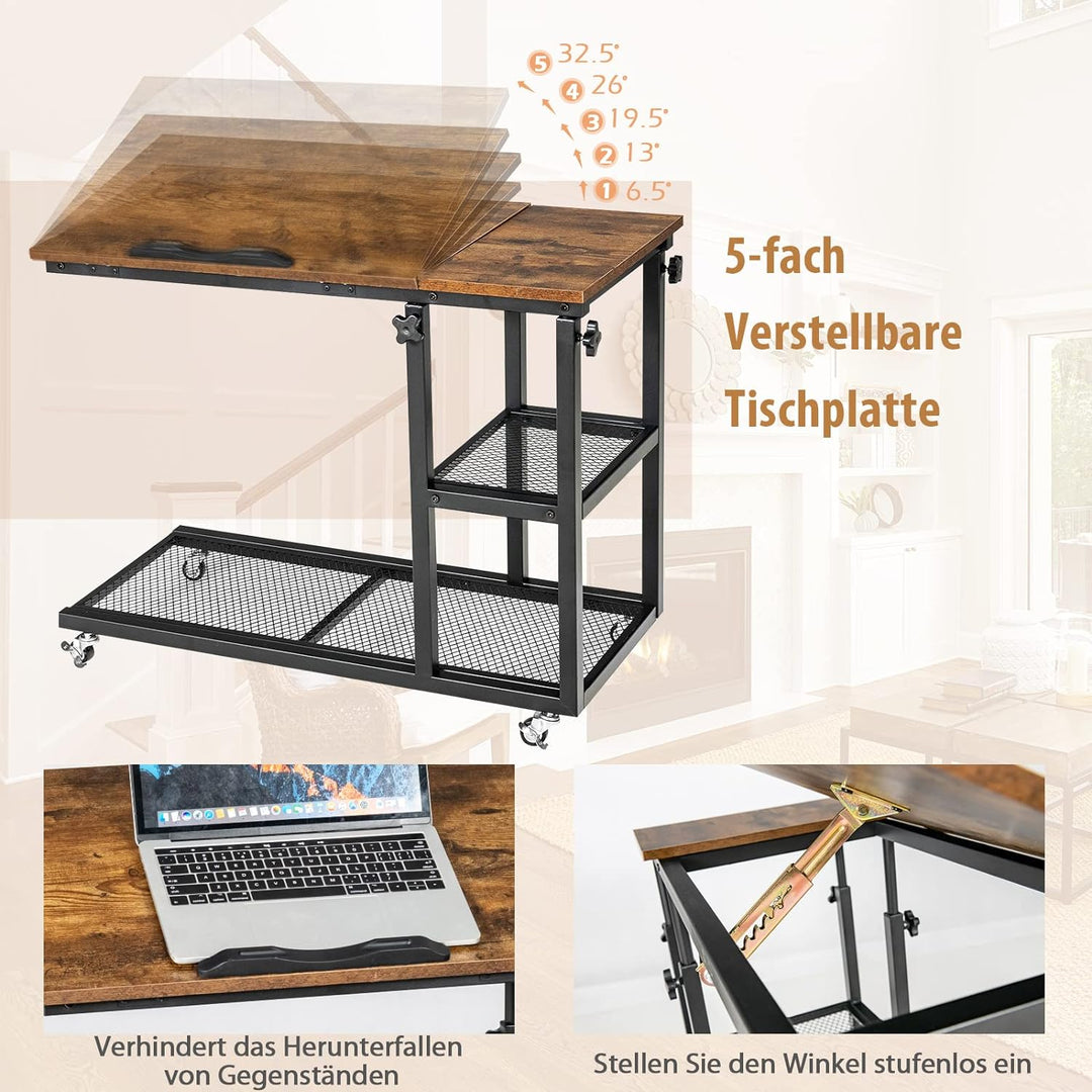 COSTWAY Laptoptisch mit höhen- und neigungsverstellbar, 3 Ebenen Beistelltisch Vintage, C-förmiger S