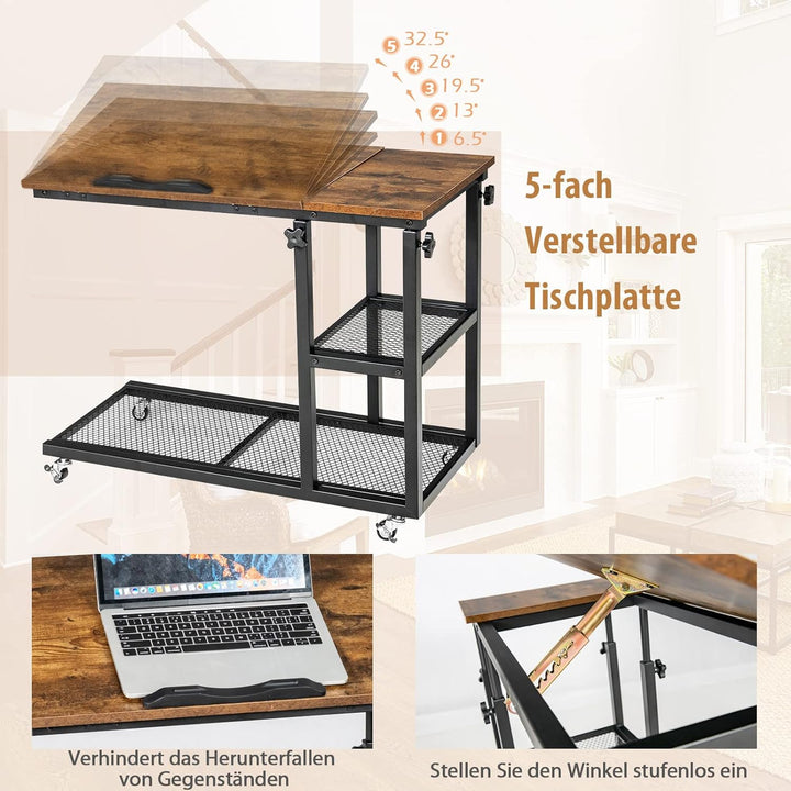 COSTWAY Laptoptisch mit höhen- und neigungsverstellbar, 3 Ebenen Beistelltisch Vintage, C-förmiger S