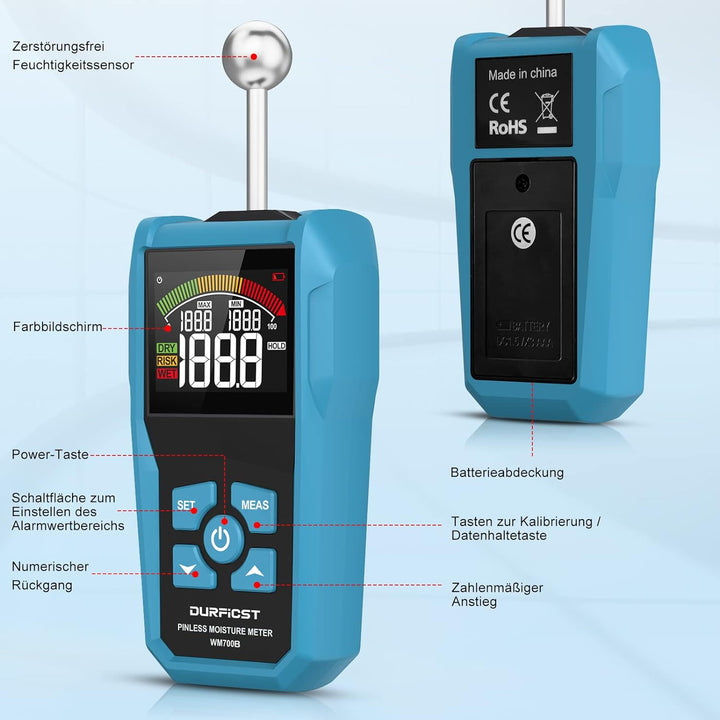 Feuchtigkeitsmessgerät，DURFICST Feuchtigkeitsmesser mit Farb-LCD und Akustischem Alarm，Geeignet für