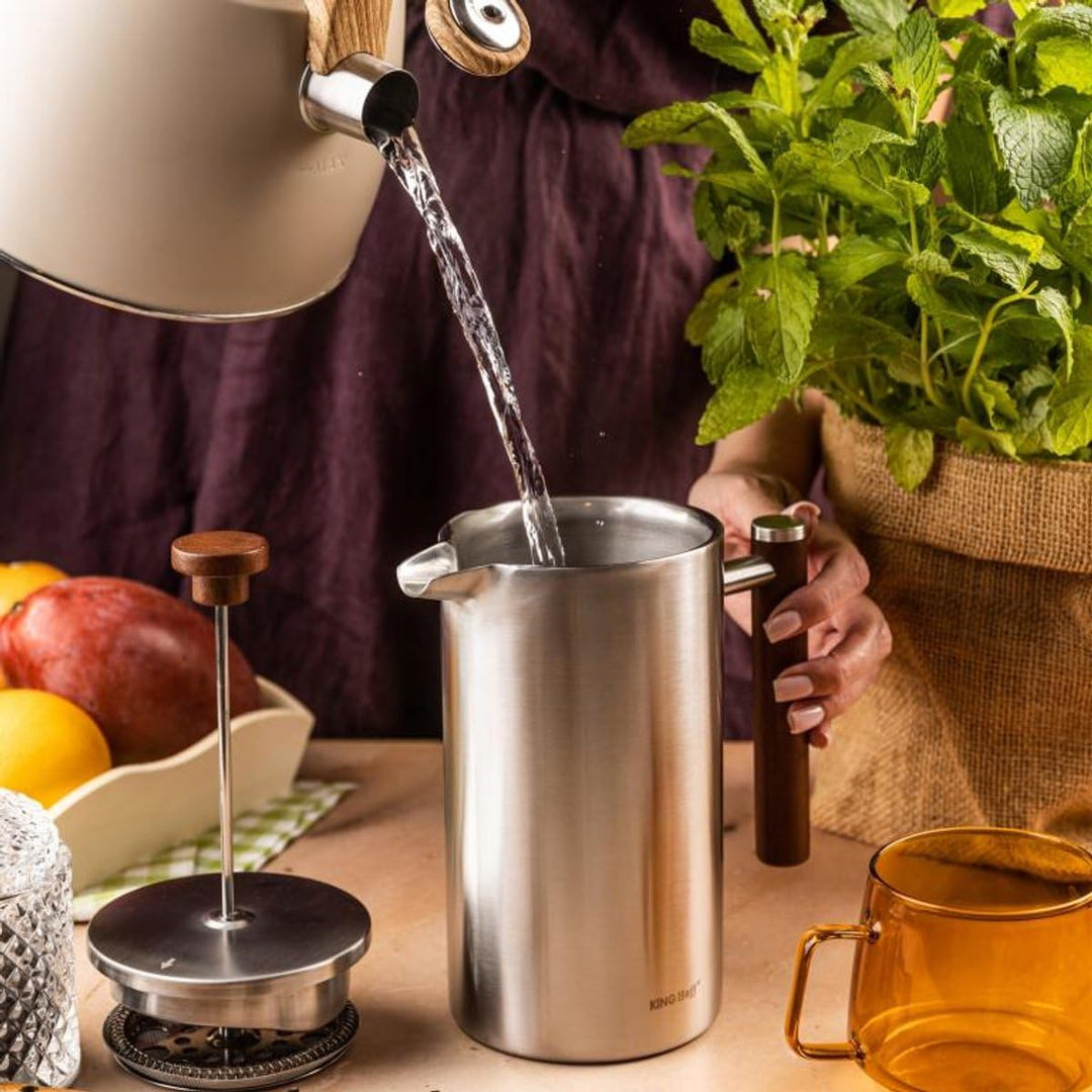 KINGHoff French Press 1 Liter, Edelstahl 304, Doppelwandig, Holzgriff, Thermodruck, Edelstahl, Mikro