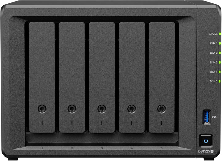 Synology Erweiterbares NAS-Kit mit 5 Schächten, DS1525+ AMD RyzenCPU mit 8 GB Speicher, 2,5 GbE Stan