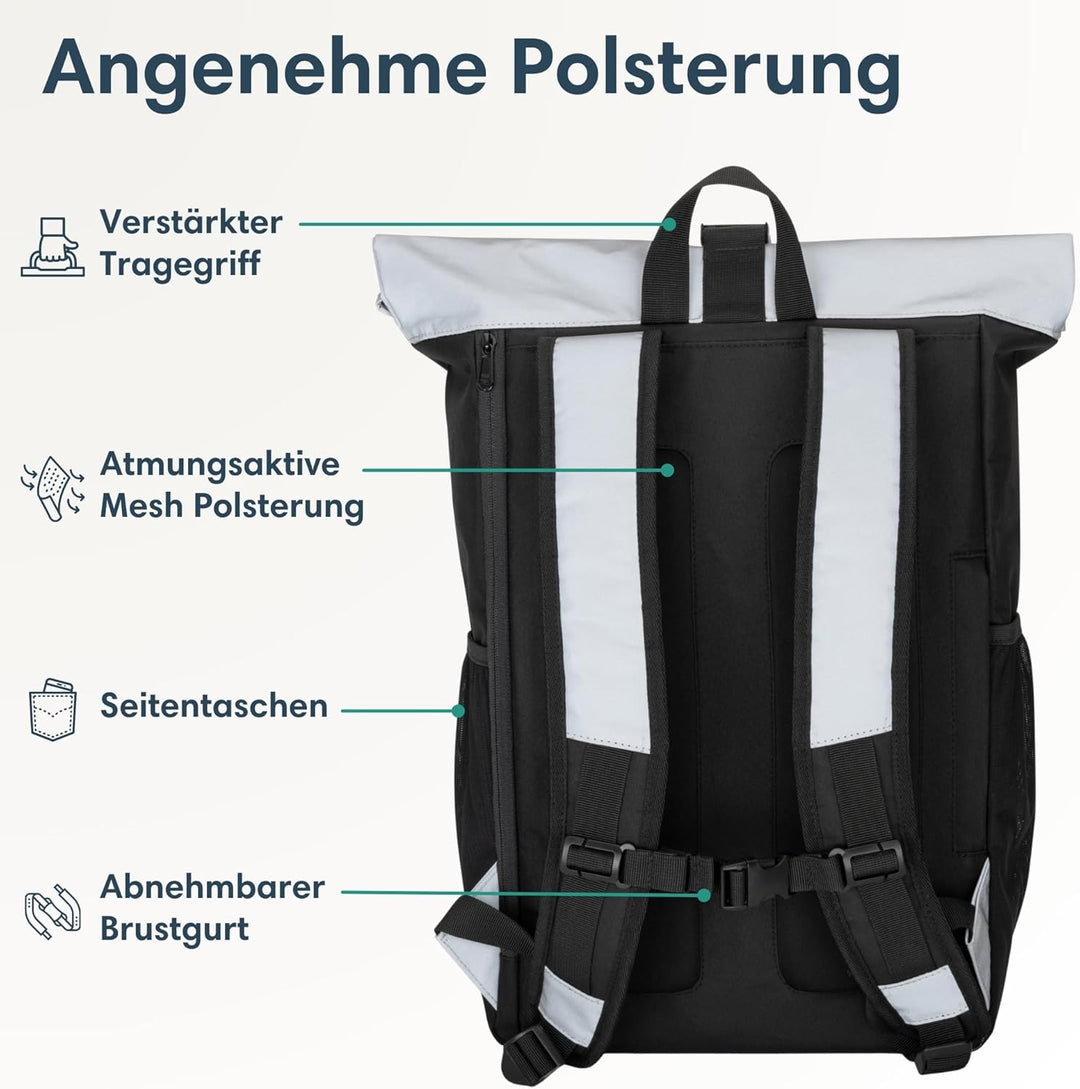 LARKSON Rolltop Rucksack Damen Gross Schwarz Reflektierend - No 2 - Daypack für Schule, Uni, Fahrrad