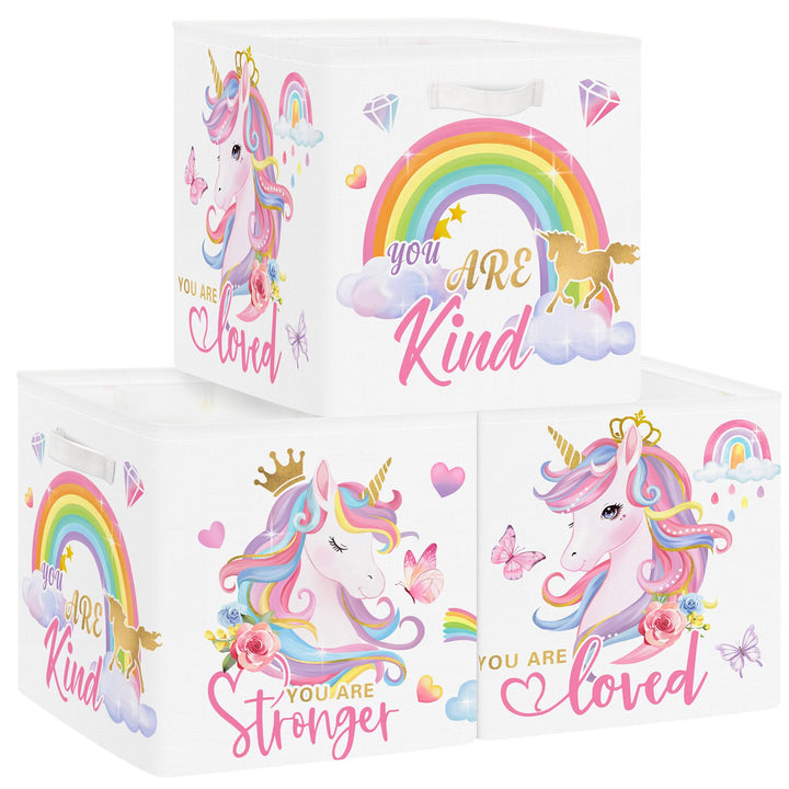 Clastyle 3 Stück Rosa Einhorn Aufbewahrungsbox Stoff für Kallax Faltbar Aufbewahrungskorb Klein Schr