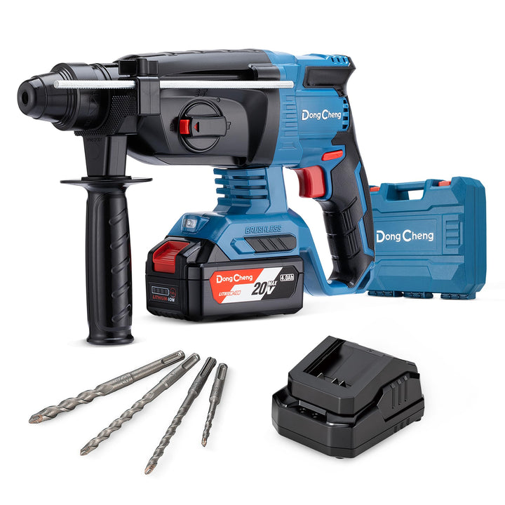 DongCheng Akku Bohrhammer 18V, Schlagenergie 2.7 J, mit 4 Stück SDS-plus, Bohren bis 28 mm, Bürstenl