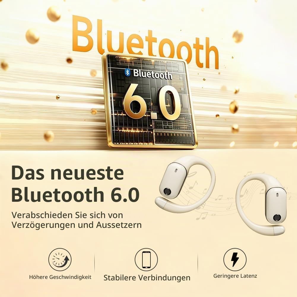 Open-Ear Bluetooth Kopfhörer, Bluetooth 6.0 Wireless Ohrhörer Sport mit LED-Anzeige, IPX6 Wasserdich