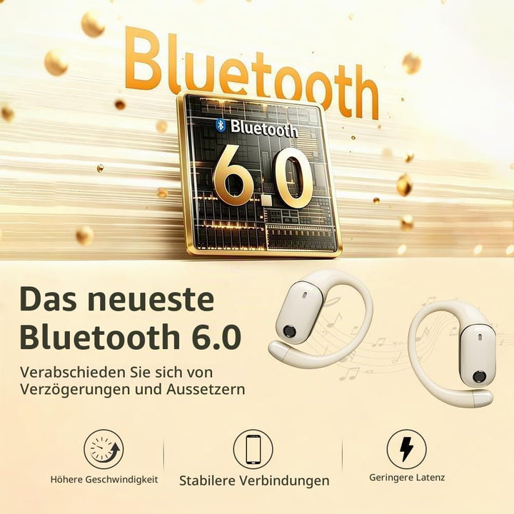 Open-Ear Bluetooth Kopfhörer, Bluetooth 6.0 Wireless Ohrhörer Sport mit LED-Anzeige, IPX6 Wasserdich