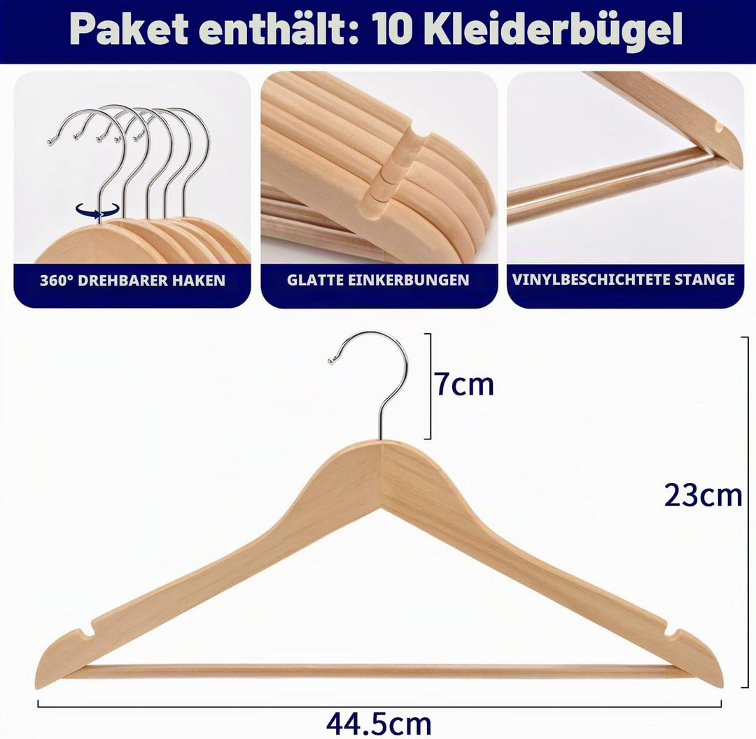 Amber Home 10 Stück 44,5cm Natürliche Kleiderbügel aus Holz mit Stange und Nut, Robust Aufhänger für