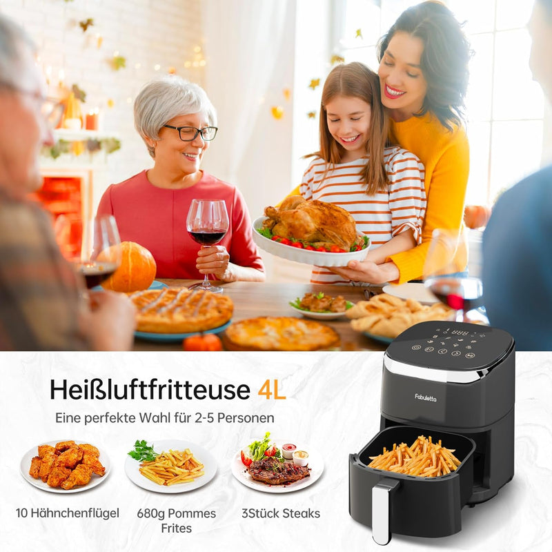 Fabuletta Heissluftfritteuse 4L, 9-in-1 Air Fryer, Max 230℃ Heissluft Fritteusen, Digitalem LED-Touc