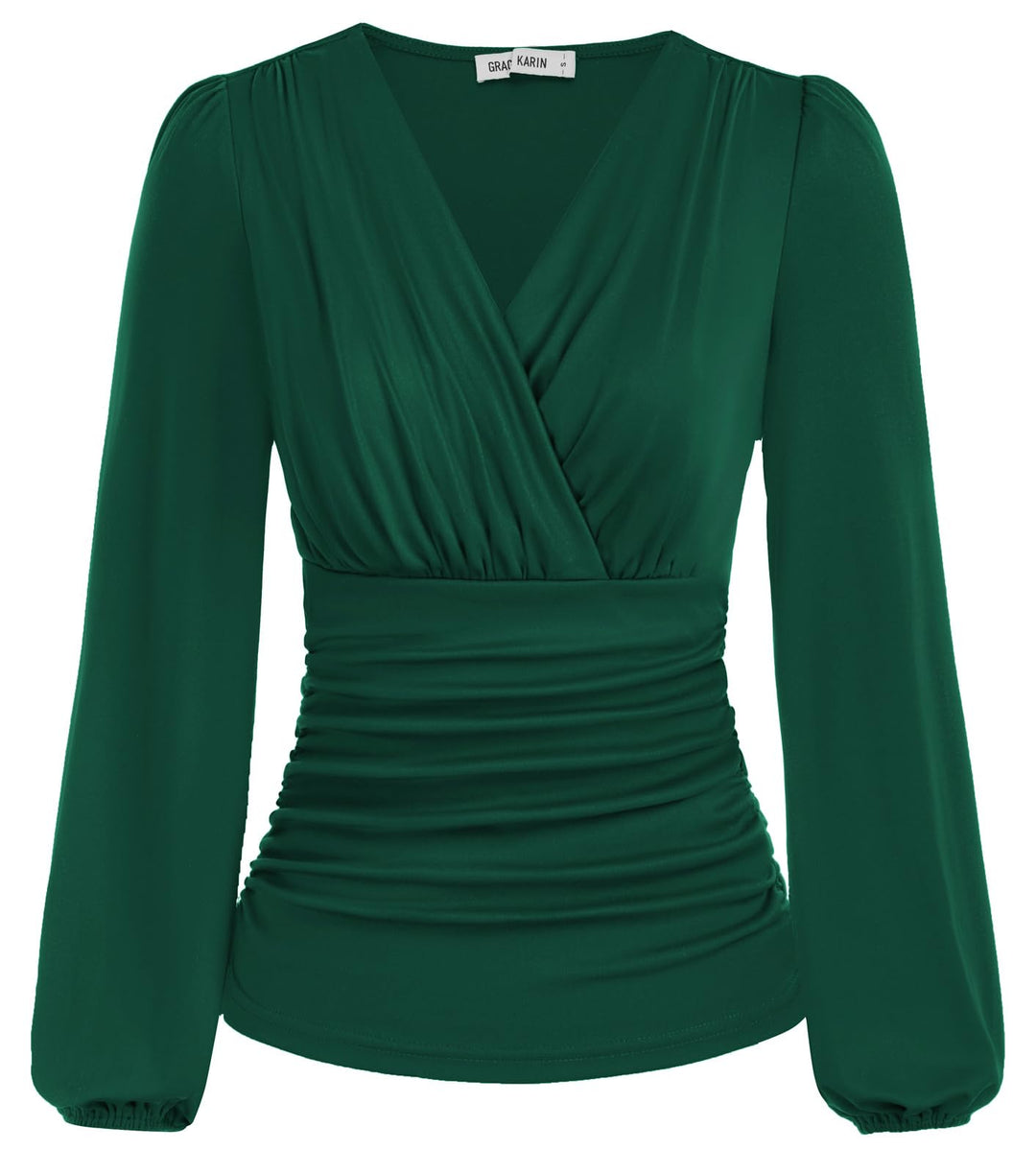GRACE KARIN Damen V-Ausschnitt Bluse Elegant Wickelbluse Laterne Langarm Slim Fit Plissee-Top Tunika