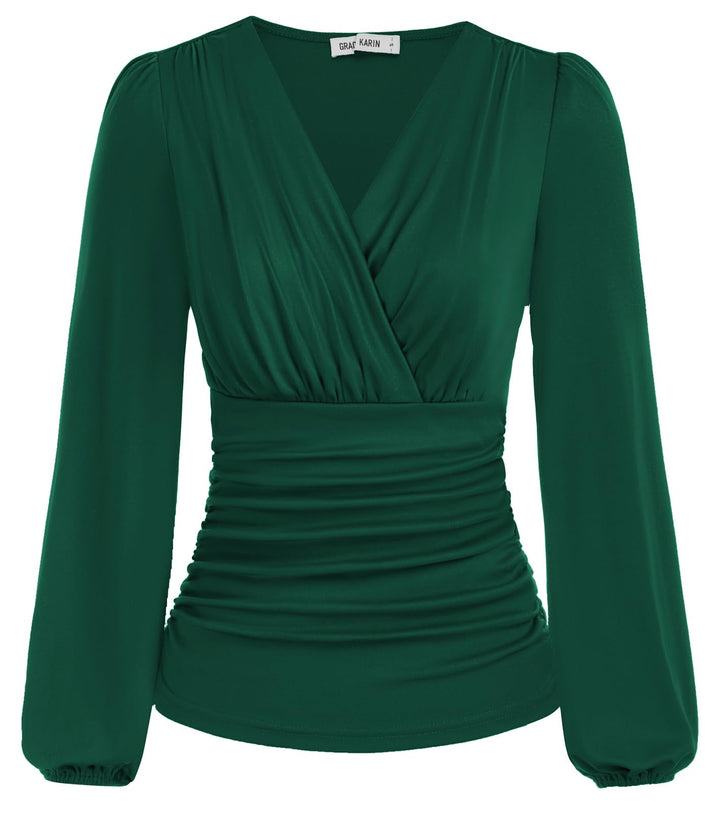 GRACE KARIN Damen V-Ausschnitt Bluse Elegant Wickelbluse Laterne Langarm Slim Fit Plissee-Top Tunika